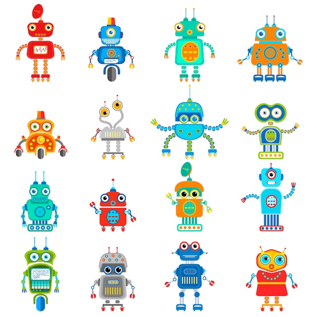 Ensemble De Vecteurs De Robots Rétro Dans Un Style Plat, Robots Mignons Vintage. Vecteur De Robots Jouets