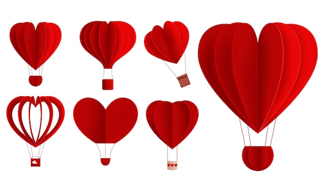 Ensemble De Vecteurs De Saint-valentin En Montgolfière De Coeurs. Montgolfières Rouges Dans L'élément En Forme De Coeur Isolé.