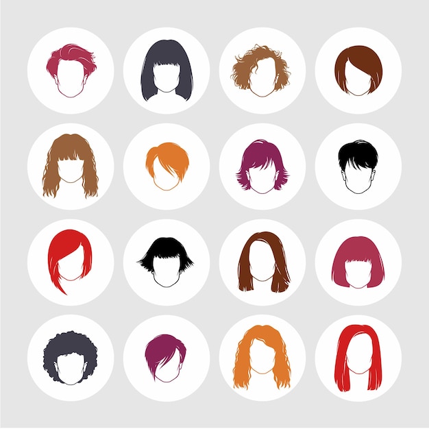 Vecteur ensemble de vecteurs de silhouettes de coupes de cheveux. différents types de coiffures pour femmes.