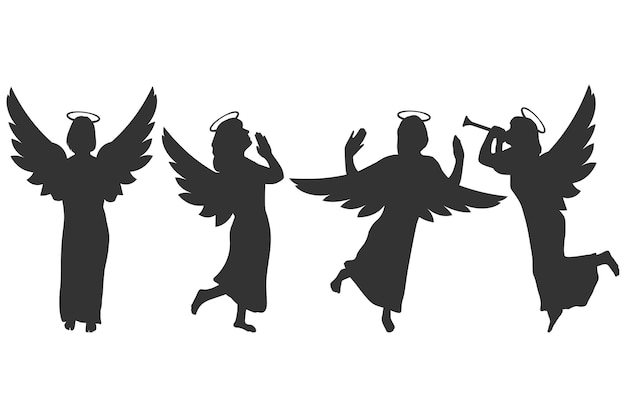 Vecteur ensemble de vecteurs de silhouettes noires anges et cupidons isolé sur fond blanc.