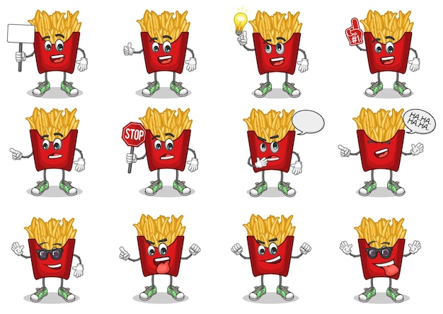 Ensemble De Vecteurs De Stock De Mascotte De Dessin Animé De Frites Mignonnes Avec L'expression Du Visage Sur Fond Blanc