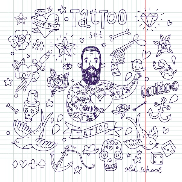 Ensemble de vecteurs de tatouage Éléments de tatouage de dessin animé dans un style drôle