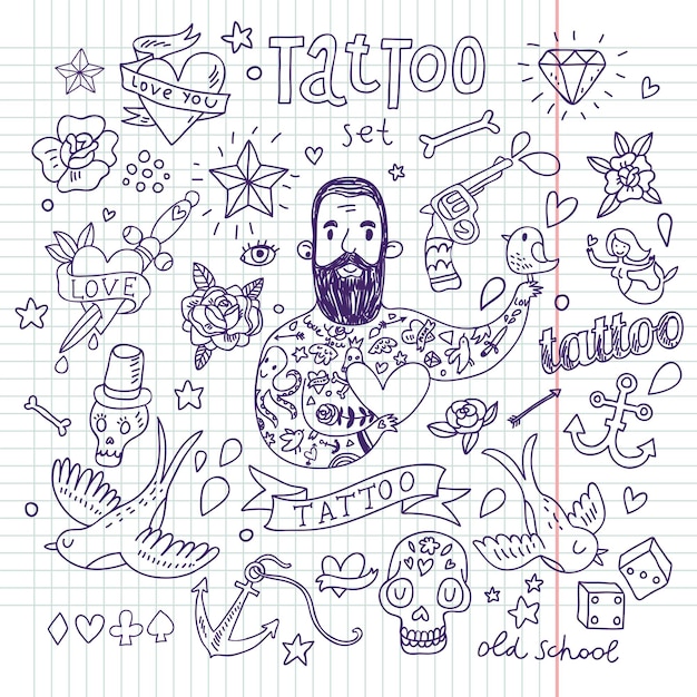 Ensemble De Vecteurs De Tatouage éléments De Tatouage De Dessin Animé Dans Un Style Drôle