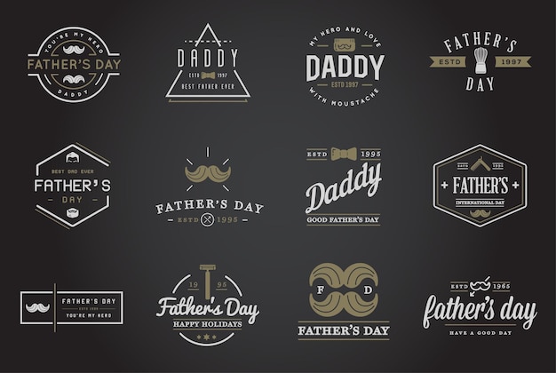 Ensemble De Vector Happy Fathers Day Typographie Vintage Icons Lettrage Pour Cartes De Voeux Bannières Tshirt Design