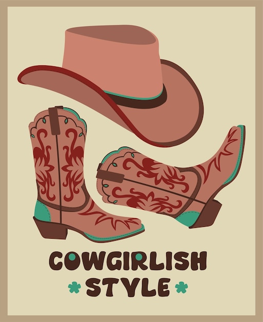 Ensemble vectoriel d'accessoires de cow-girl. Chapeau et bottes élégants. Tenue de cow-girl rétro.
