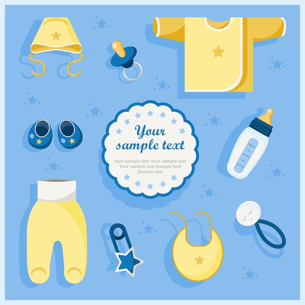 Un ensemble vectoriel d'accessoires pour enfants et une bannière pour tout exemple de texte.