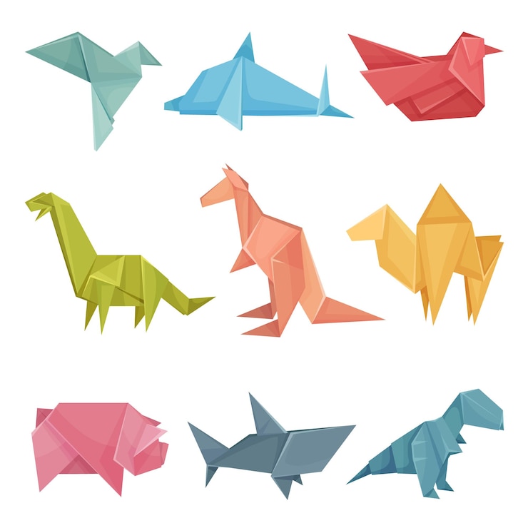 Vecteur un ensemble vectoriel d'animaux origami, l'art coloré du pliage du papier