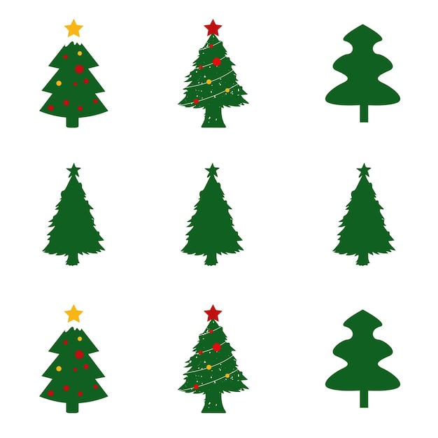 Ensemble vectoriel d'arbres de Noël de dessin animé, pins pour carte de voeux, invitation, bannière, web.