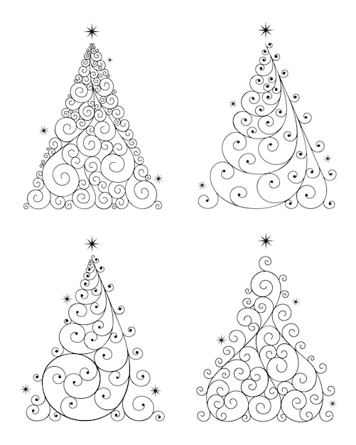 Vecteur ensemble vectoriel d'arbres de noël isolés abstraits de contour décoré