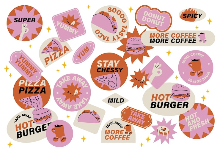 Vecteur ensemble vectoriel d'autocollants de restauration rapide rétro badges colorés pour le café de la malbouffe