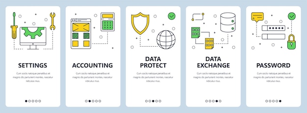 Ensemble vectoriel de bannières verticales avec réglages Comptabilité Protection des données Échange de données Modèles de site Web de mot de passe Design moderne de style plat à ligne mince