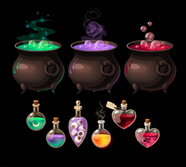 Ensemble Vectoriel De Bouteilles Avec Potions Magiques Et Chaudrons Isolés Sur Fond Noir