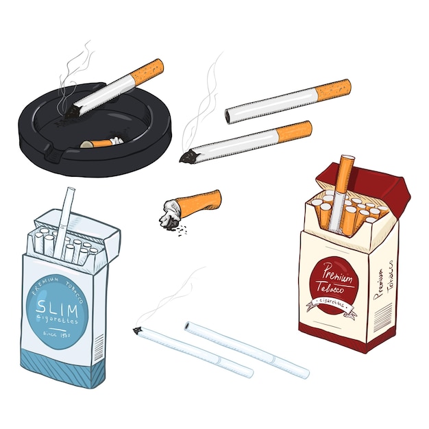 Vecteur ensemble vectoriel de cigarettes de dessin animé et de boîtes à cigarettes