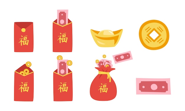 Ensemble vectoriel de cliparts d'argent du Nouvel An chinois. Enveloppe rouge, lingot d'or, dessin vectoriel de pièces anciennes