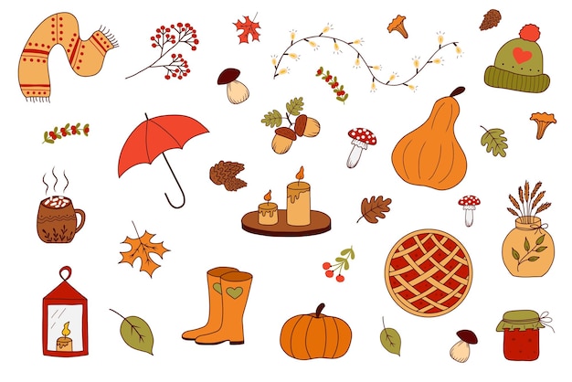Ensemble vectoriel confortable d'icônes d'automne citrouille feuilles tombantes baies glands bougies parapluie caoutchouc