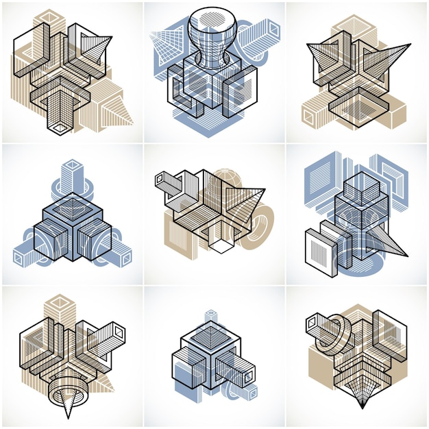 Ensemble vectoriel de constructions abstraites, collection de dessins dimensionnels.