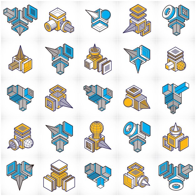 Ensemble vectoriel de constructions abstraites, collection de dessins dimensionnels.