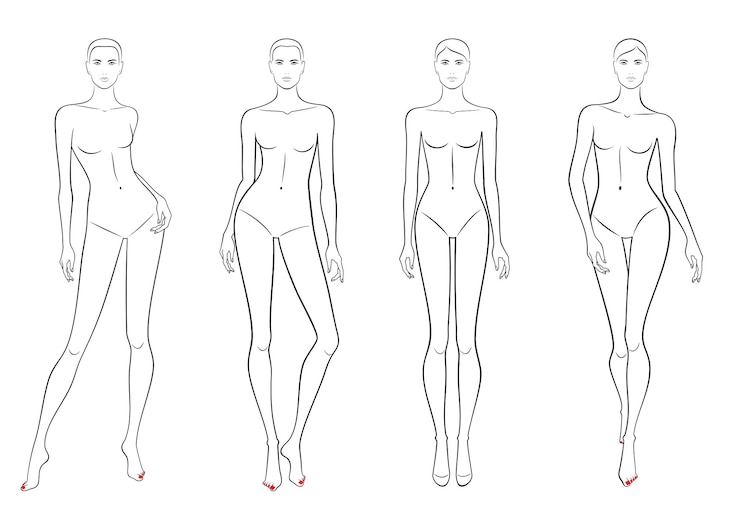 Vecteur ensemble vectoriel de contours de figures corporelles féminines dans diverses poses modèle en couleur noire isolé