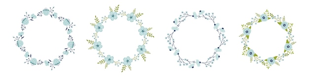 Ensemble Vectoriel De Couronnes Florales Au Design Plat Collection De Modèles De Texte Avec Des Plantes Printanières Aux Couleurs Bleues Espace De Copie De Cadres Ronds De Fleurs Couronnes De Fleurs Pour Cartes De Voeux Et Invitations