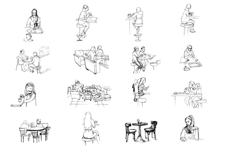 Ensemble vectoriel de croquis de personnes assises dans un café
