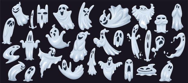 Vecteur ensemble vectoriel dessiné à la main de fantômes de dessins animés avec différentes émotions sur fond noir