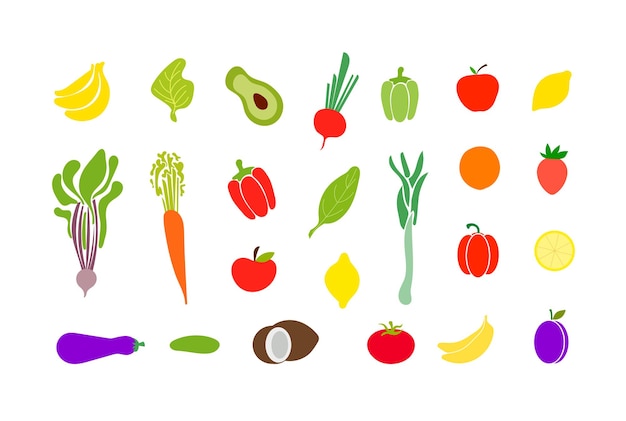 Vecteur ensemble vectoriel de doodle fruits et légumes isolés sur fond blanc ensemble d'icônes d'illustration colorées dessinées à la main