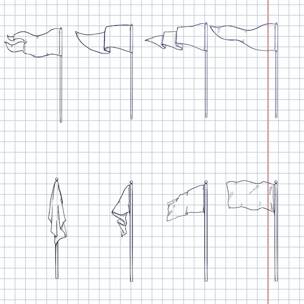 Ensemble vectoriel de drapeaux de croquis sur des mâts de drapeau