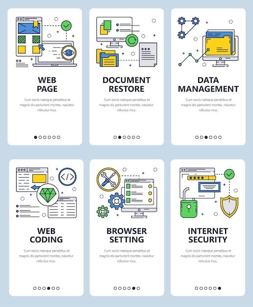 Ensemble vectoriel d'écrans d'intégration d'applications mobiles Page Web Restauration de documents Gestion de données Codage Web Configuration du navigateur Sécurité Internet Modèles et bannières Web Style d'art à lignes minces Icones de conception