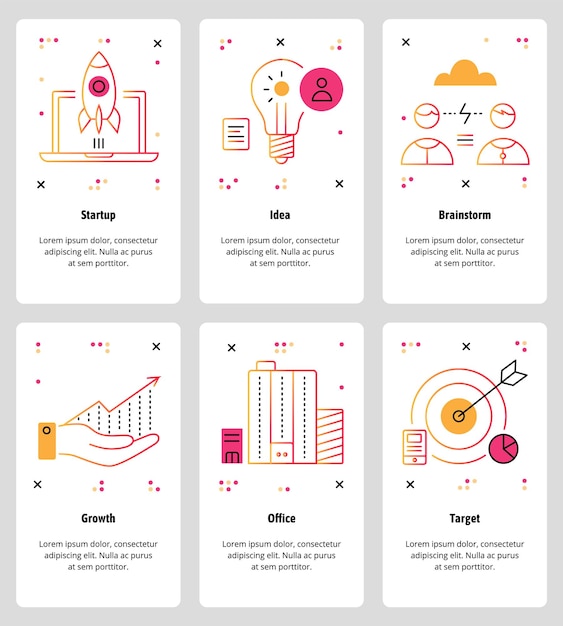Ensemble vectoriel d'écrans d'intégration d'applications mobiles Startup Idea Brainstorm Growth Office Modèles et bannières Web cibles Icones de conception de style artistique à lignes minces pour le menu du site Web