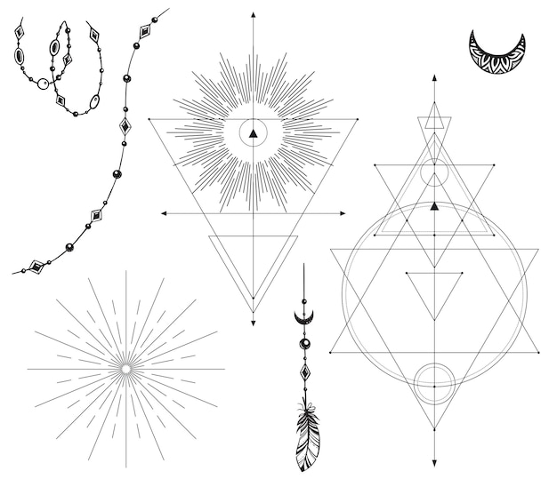 Ensemble Vectoriel D'éléments Mystiques Noirs Et Blancs Isolés Sur Fond Blanc Symboles Sacrés Perles Plume