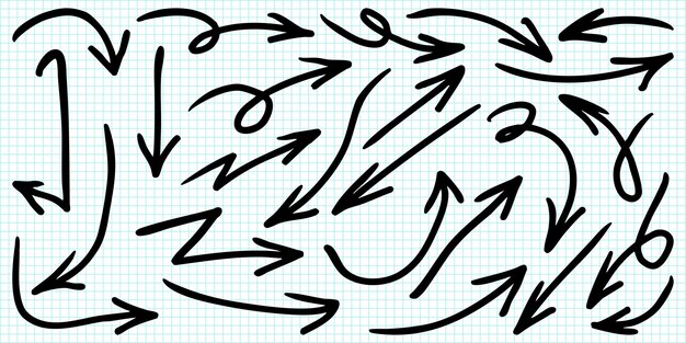 Ensemble vectoriel de flèches dessinées à la main dans divers styles sur un fond de papier à grille bleue Inclut une spirale en zigzag courbe et des flèches pointillées idéales pour les présentations, les infographies, les notes de planification