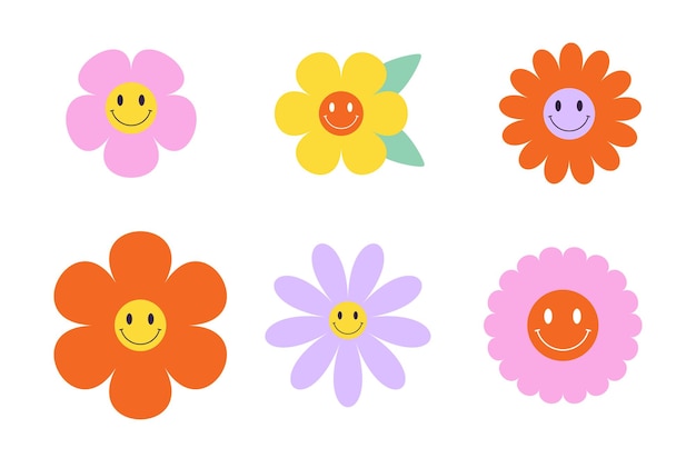 Ensemble vectoriel de fleurs groovy colorées avec des visages souriants 70s 80s 90s vibes autocollants