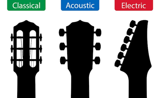 Ensemble vectoriel de headstocks de guitare acoustique et électrique classique isolés sur un fond blanc