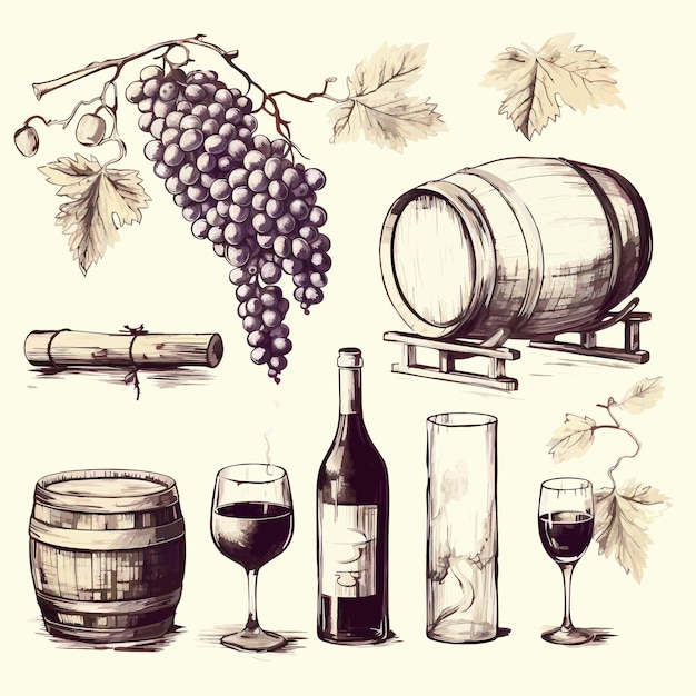 Ensemble vectoriel d'icône de produits viticoles eps10 Illustration vectorielle dans le style de croquis Icône d'éléments de vin dessinés à la main eps10