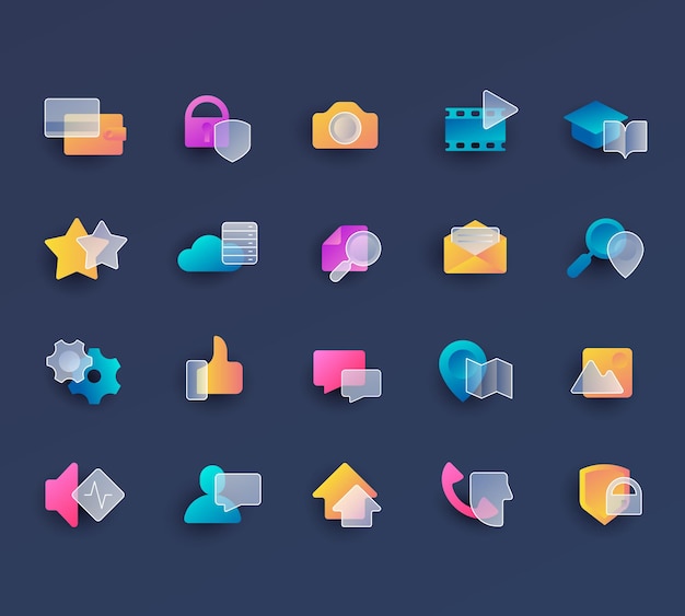Ensemble Vectoriel D'icônes Créatives Avec Effet De Verre Et Dégradés Vifs Pour Fond Sombre