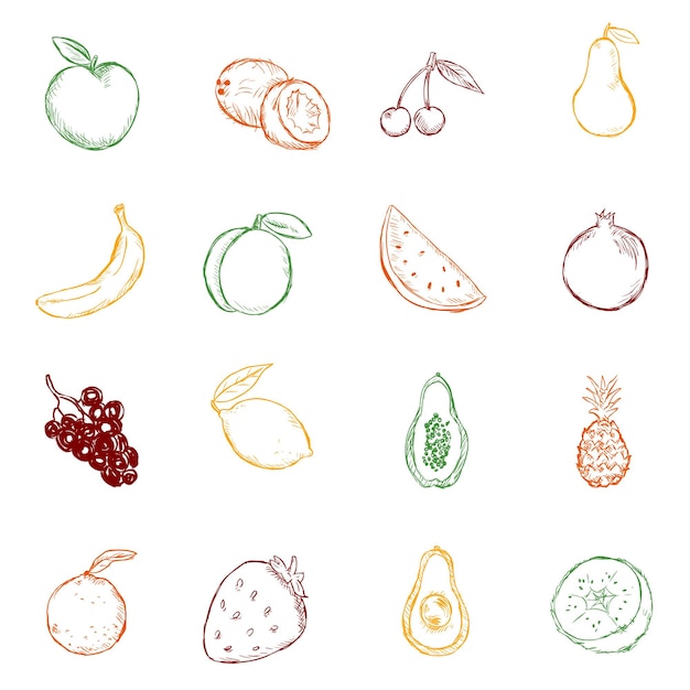 Ensemble Vectoriel D'icônes De Fruits De Croquis De Couleur