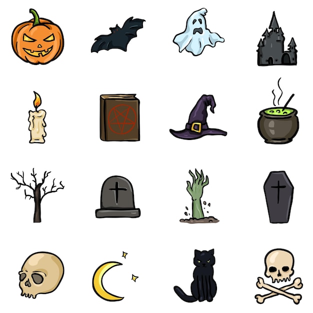 Vecteur ensemble vectoriel d'icônes d'halloween de couleur doodle attributs traditionnels d'halloween