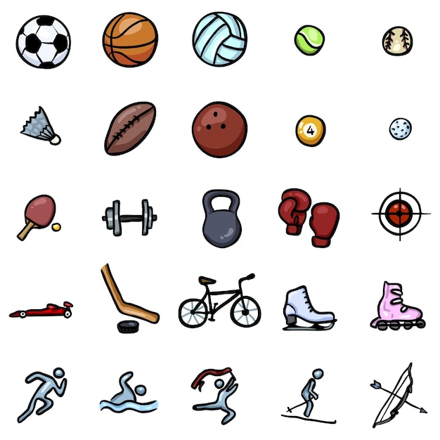 Vecteur ensemble vectoriel d'icônes sportives doodle