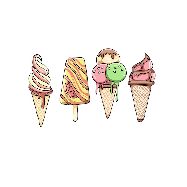 Vecteur ensemble vectoriel d'illustrations de doodle dessinés à la main de crème glacée