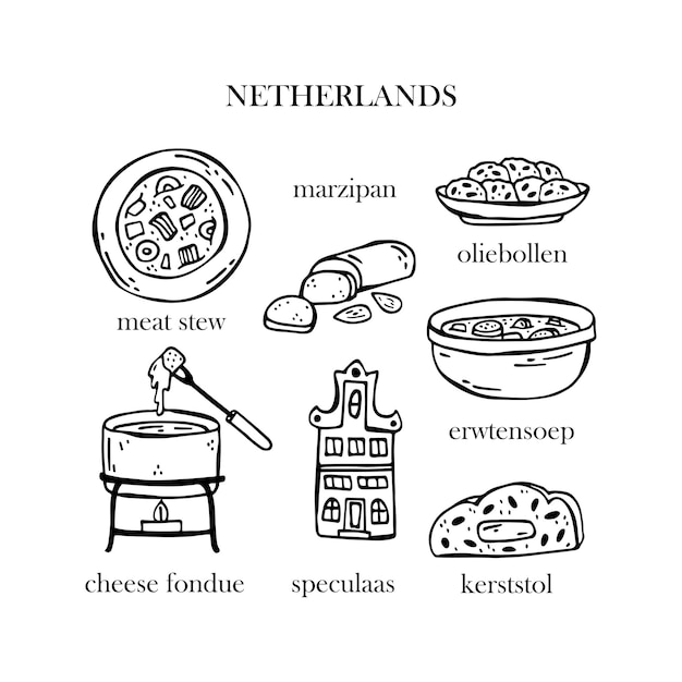 Vecteur ensemble vectoriel d'illustrations de plats de noël hollandais nouvel an cuisine traditionnelle des pays-bas