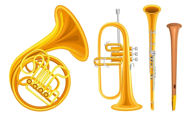 Ensemble vectoriel d'instruments de musique à vent en cuivre isolé sur fond blanc collection détaillée