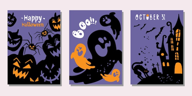 Ensemble Vectoriel D'invitations De Cartes Postales D'affiches Aux Fêtes D'halloween Avec Des Symboles Traditionnels