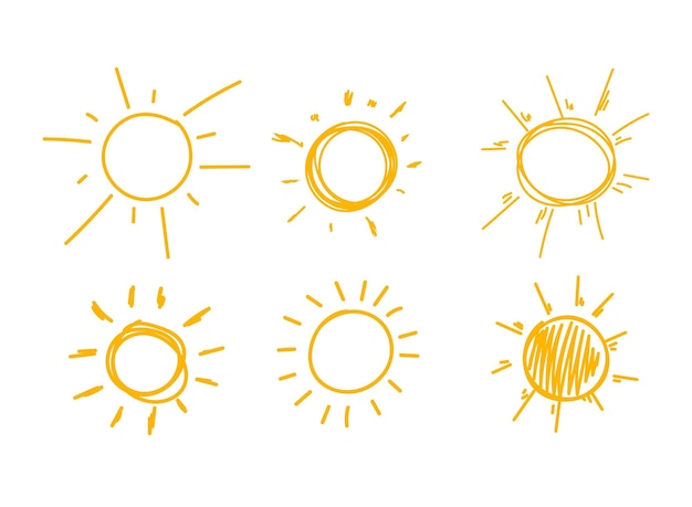 Ensemble vectoriel de lignes de griffonnage de soleil doodle icônes jaunes dessinées à la main isolées