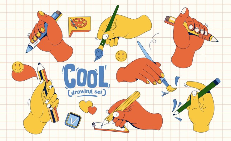 Vecteur ensemble vectoriel de mains d'illustration avec des objets. situé dans le style des années 90, tous les éléments sont isolés.