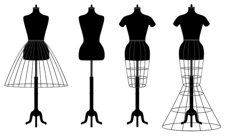Vecteur ensemble vectoriel de mannequins féminins avec des mannequins crinolines avec différents styles de robes.