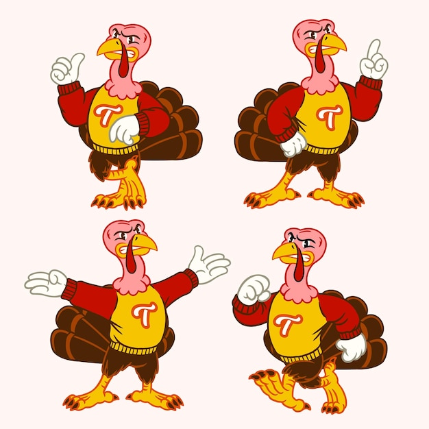 Ensemble vectoriel de mascotte de sport de Turquie dans un style rétro vintage dessiné à la main