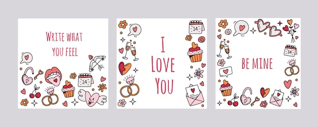 Vecteur ensemble vectoriel de messages sociaux de cartes de la saint-valentin avec des symboles dans le style doodle