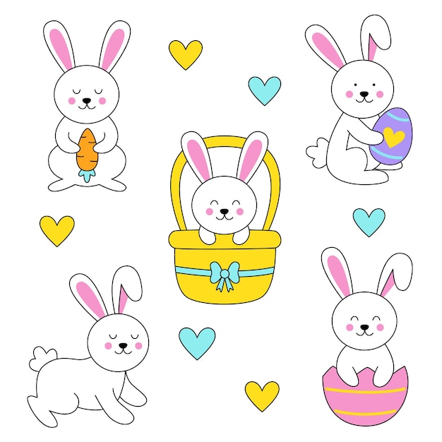 Ensemble Vectoriel Mignon De Lapins De Pâques En Style Cartoon Sur Fond Blanc