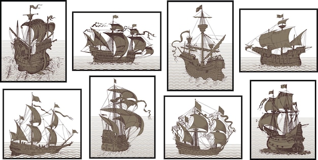 Ensemble Vectoriel De Navires Vintage Dans Le Style De La Gravure Médiévale