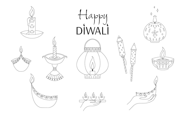 Vecteur ensemble vectoriel d'objets et de symboles de doodle diwali dans le style de contour sur fond blanc
